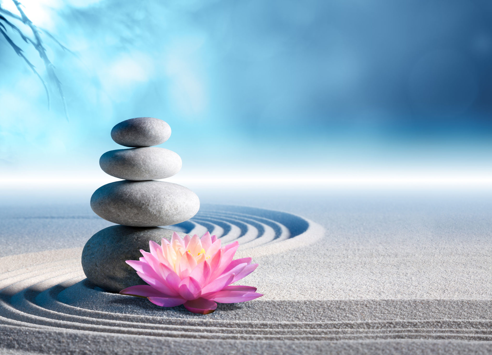 stack of stones next to lotus blossum