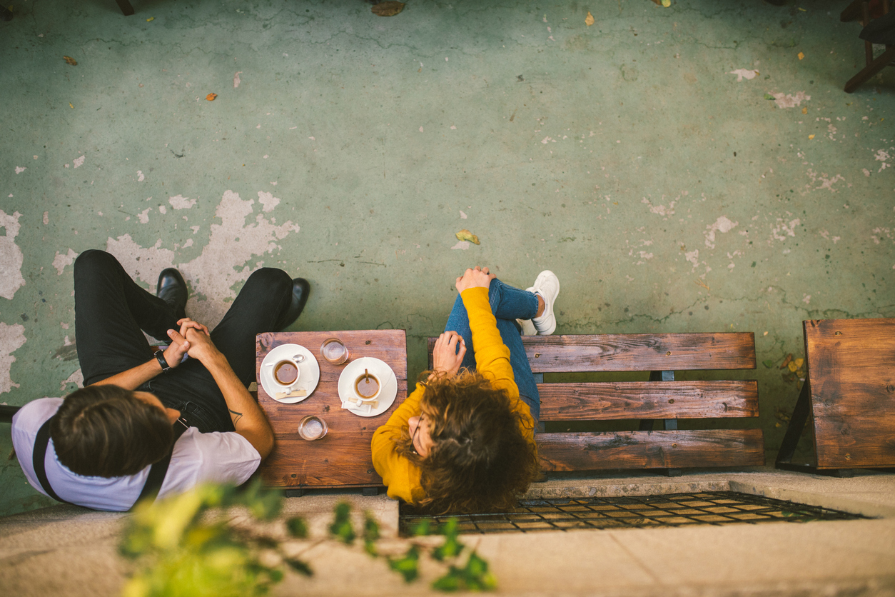 High angle view photography of Two Young people at the Cafe, Drinking Espresso