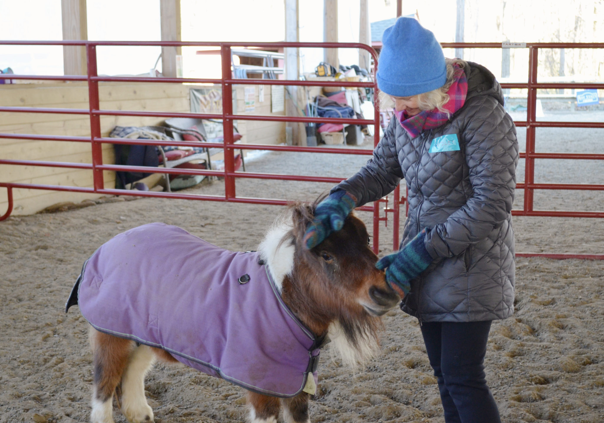 Woman in winter clothes petting a miniature horse for equine grief support therapy
