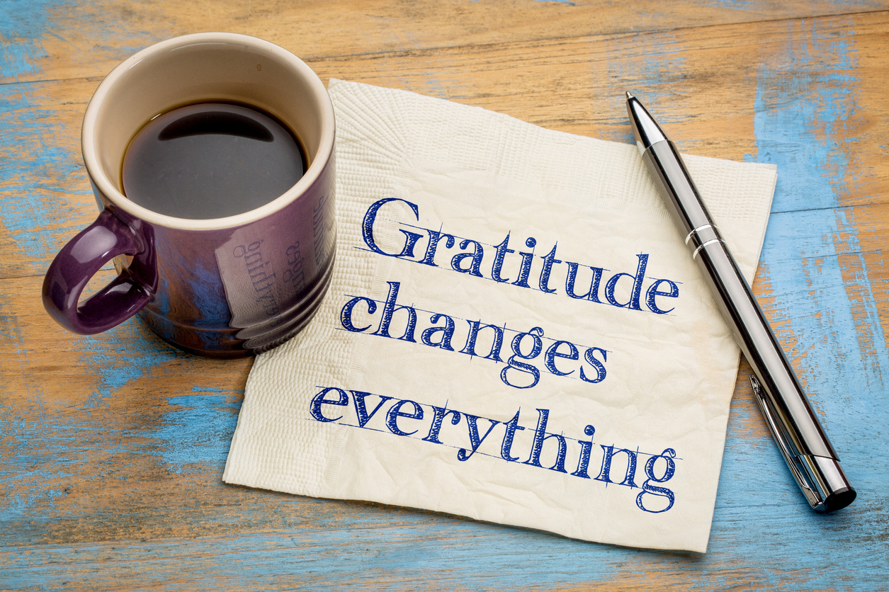 Gratitude changes everything - handwriting on a napkin with a cup of espresso coffee