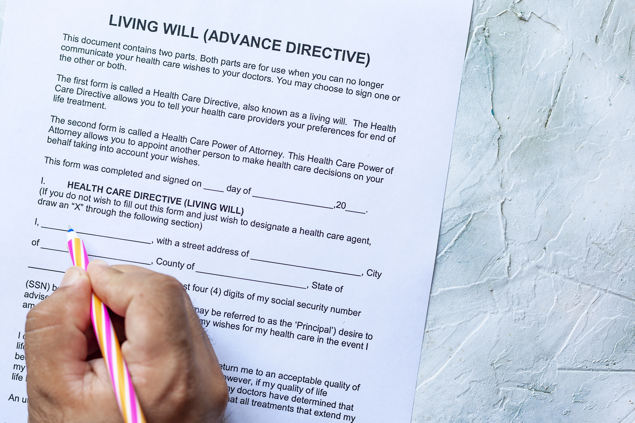 Filling Living Will Advance Directive form. Top view