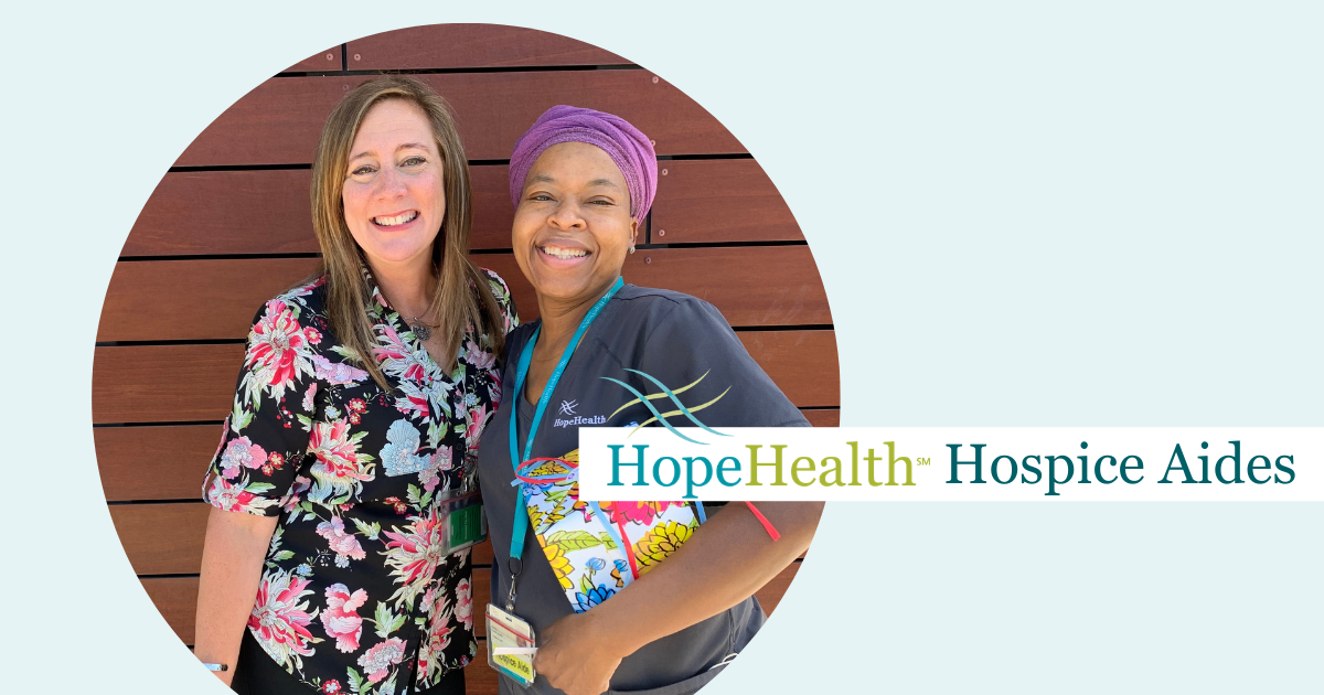 Two women smiling with the words HopeHealth Hospice Aide overlaying them