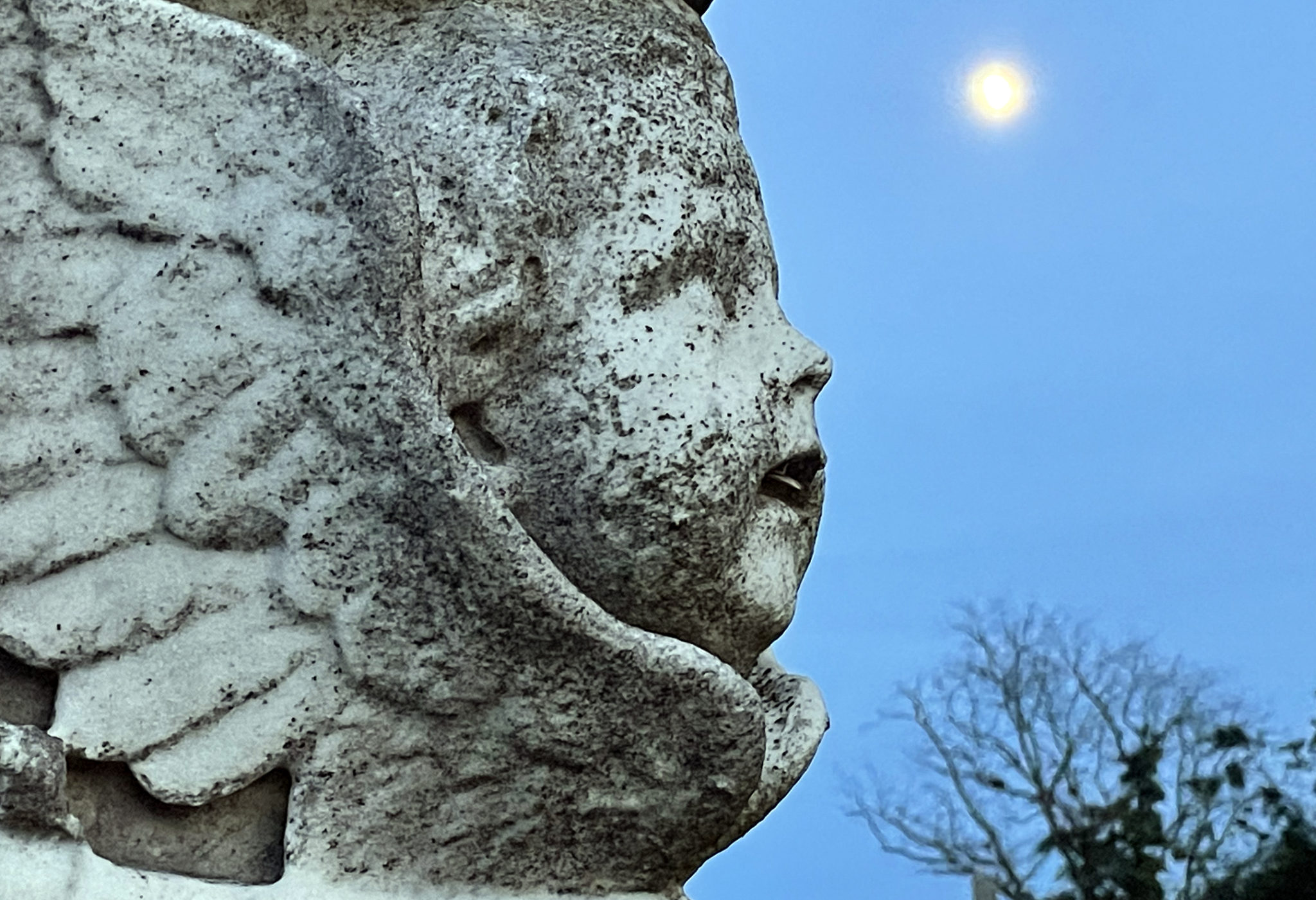 Carved stone cherub looks like it is seeimg the moon in early evening