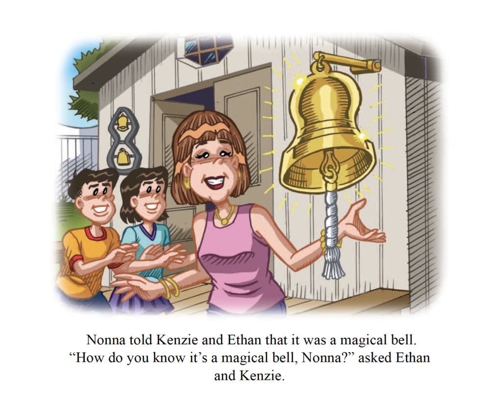 illustration of woman ringing bell with two grandchildren looking on