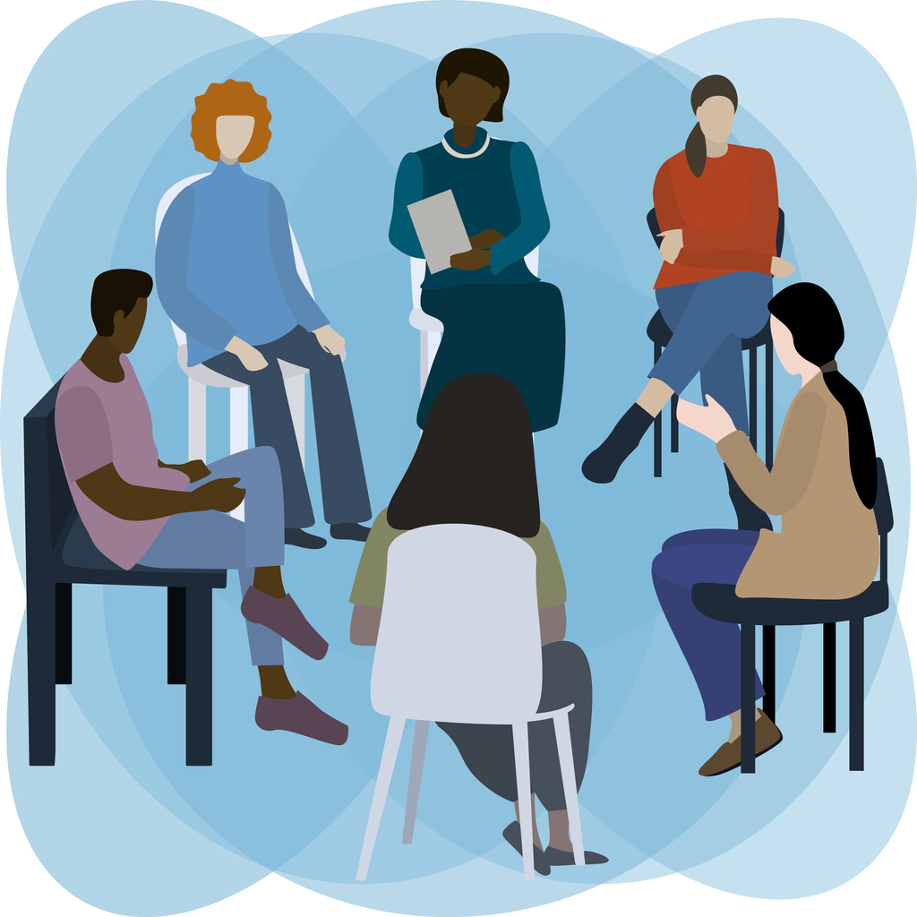 Support group for people with mental illnesses. Group therapy session. Vector illustration