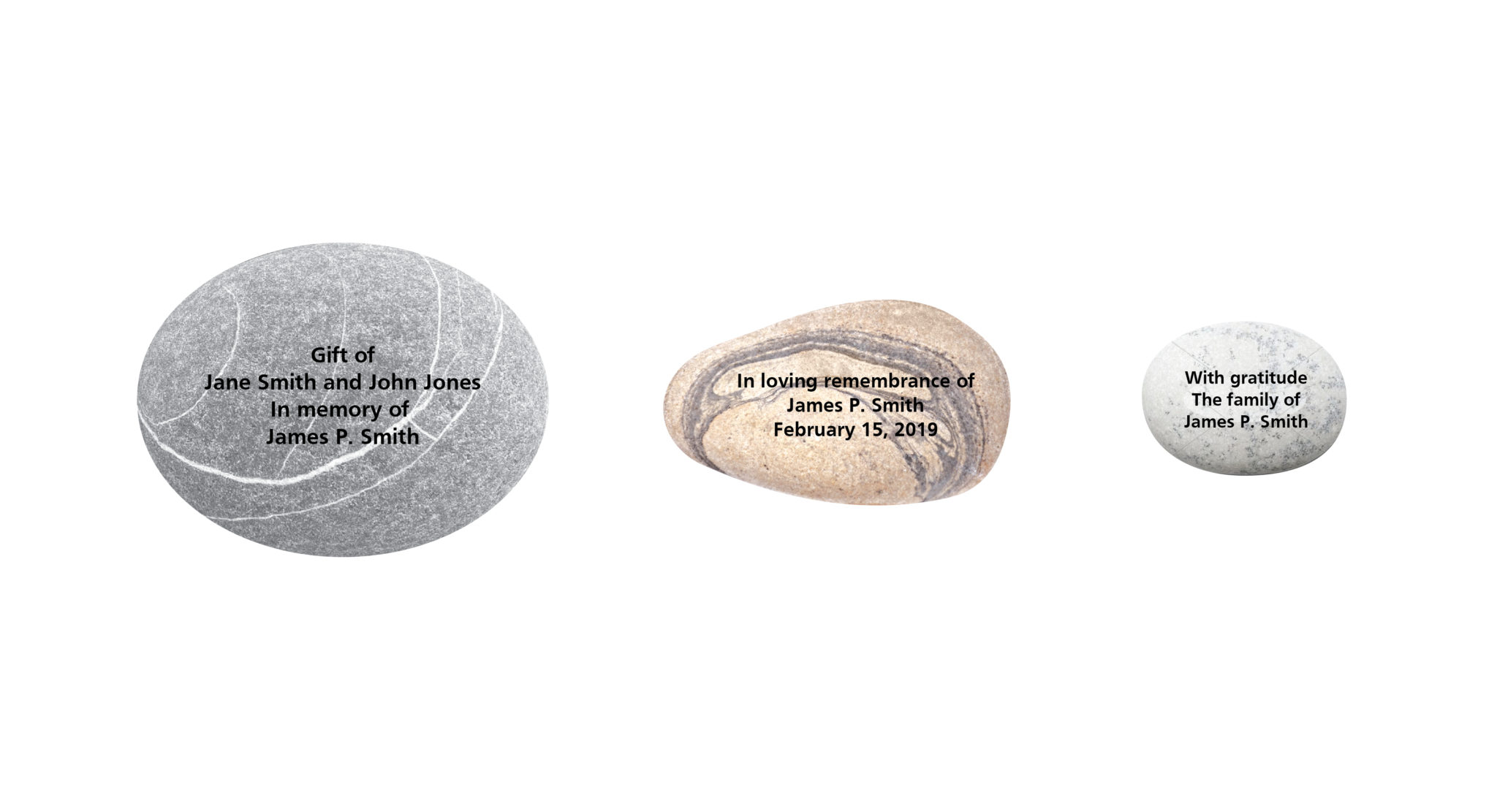 three stones in varying sizes with engraving on them for the Wall of Gratitude