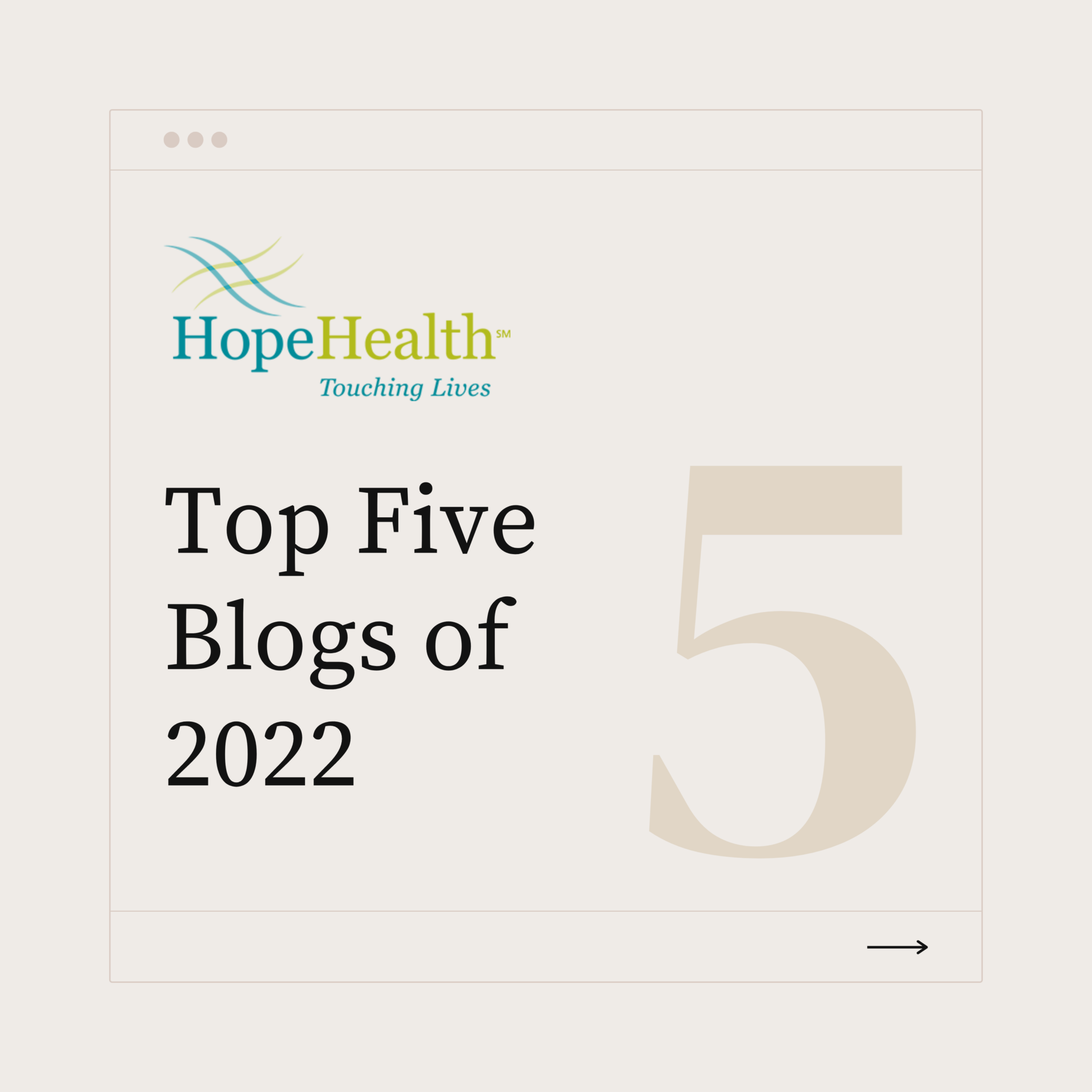 Graphic with HopeHealth logo and words saying "top five blogs of 2022"