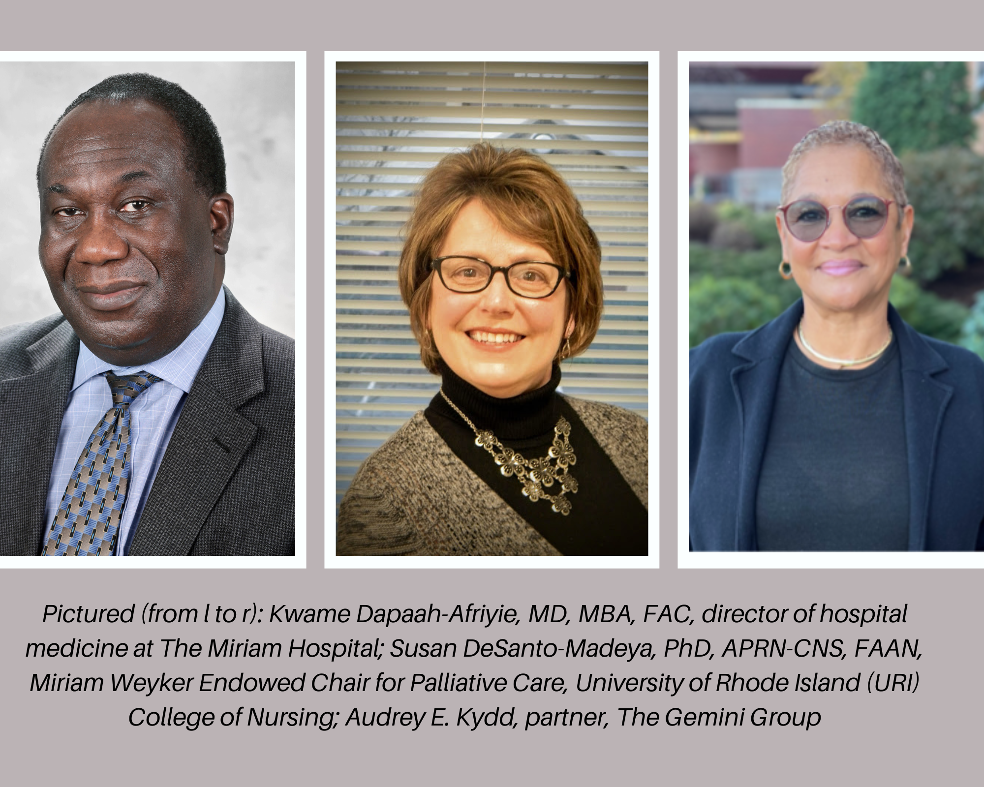 Picture of three new Board members of HopeHealth. Caption Pictured (from l to r): Kwame Dapaah-Afriyie, MD, MBA, FAC, director of hospital medicine at The Miriam Hospital; Susan DeSanto-Madeya, PhD, APRN-CNS, FAAN, Miriam Weyker Endowed Chair for Palliative Care, University of Rhode Island (URI) College of Nursing; Audrey E. Kydd, partner, The Gemini Group