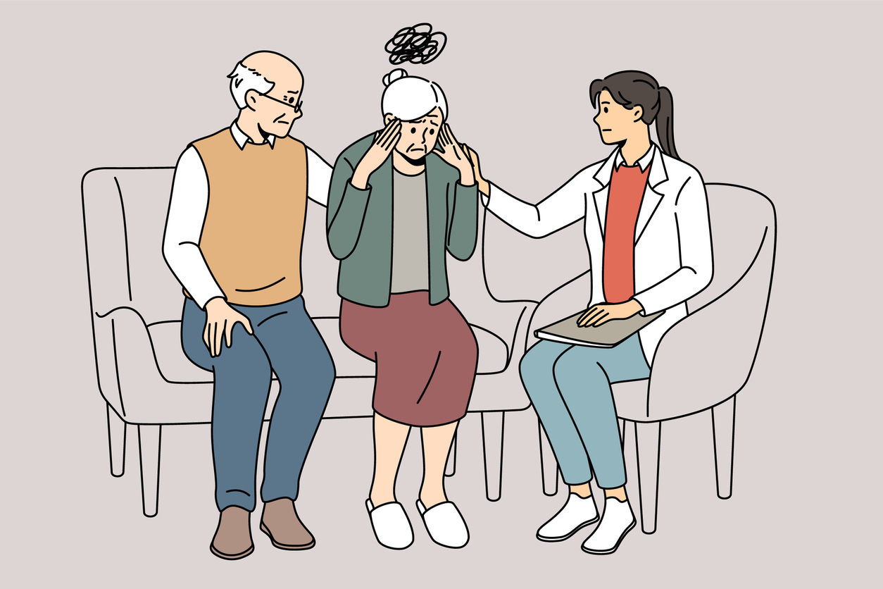 Female doctor helping elderly woman suffering from memory loss. Therapist talk with mature grandmother struggling with Alzheimer disease or dementia. Vector illustration.