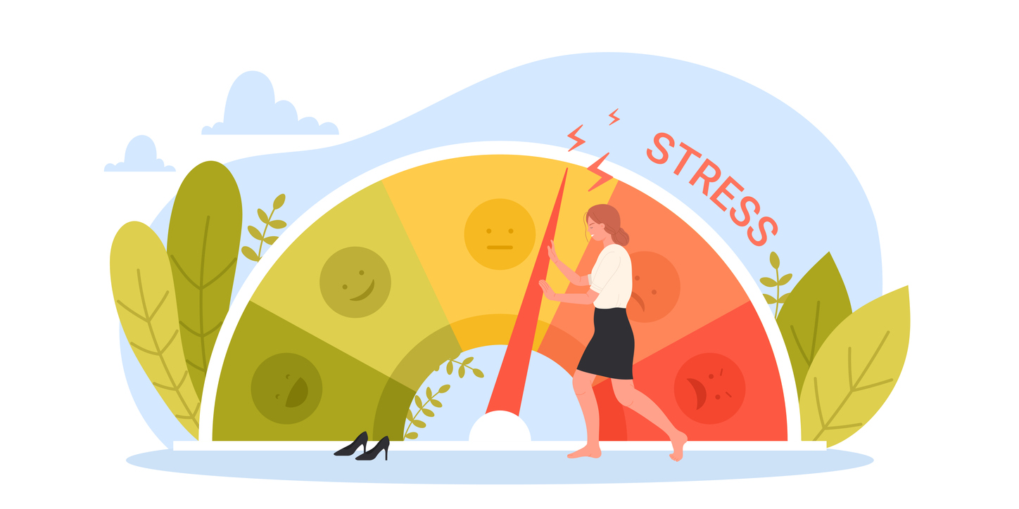 Stress level, mood and emotions scale vector illustration. Cartoon tiny businesswoman pushing with effort arrow on dashboard dial of gauge to reduce pressure and manage tension, depression reduction