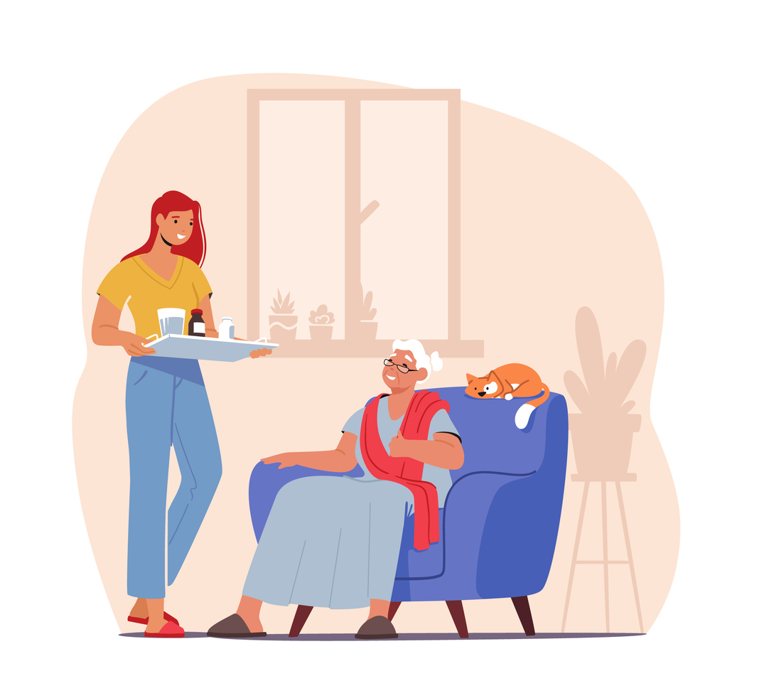 Elderly Caregiving Concept. Young Female Character Bringing Medicine to Old Woman. Help to Seniors during Pandemic Isolation, Support, Help and Assistance to Aged People. Cartoon Vector Illustration
