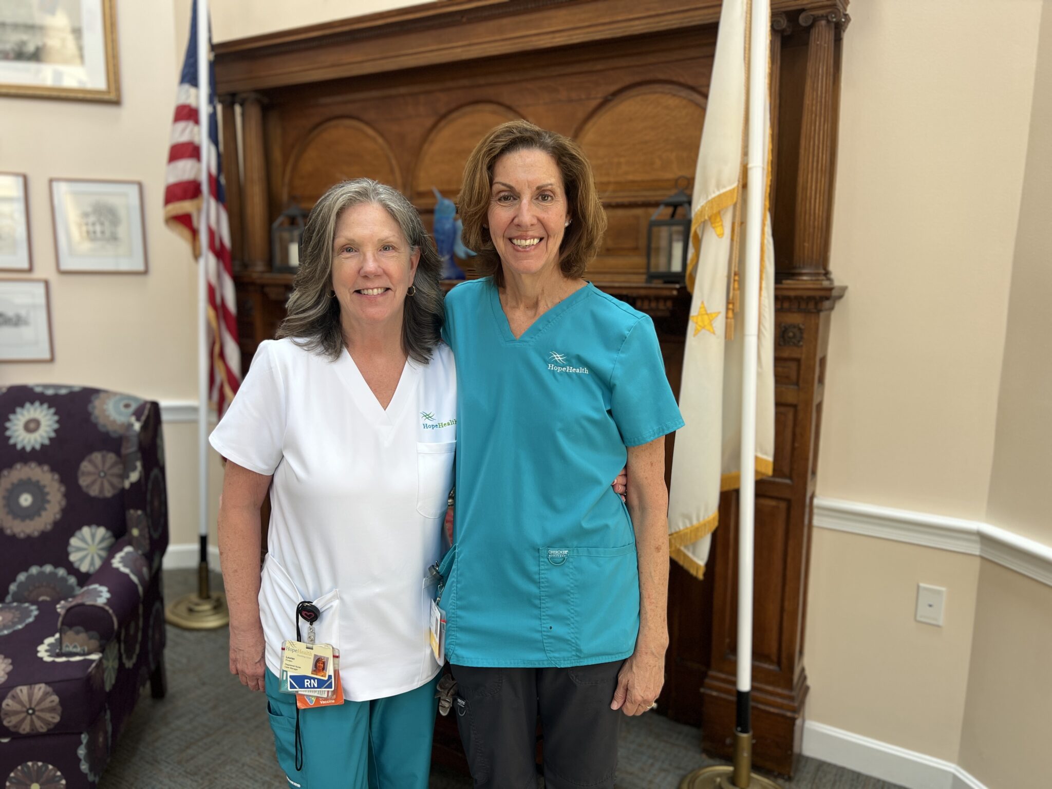 Nancy Fraser, CHPNA (right), stands with her HopeHealth colleague Lauren Powers, RN, CHPN, who nominated her for the Spirit of Hope Award.