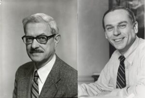 Two black and white photos of men stacked side by side