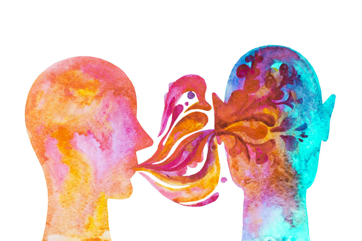 Graphic drawing, Confide secret. Tell in the ear. To whisper.