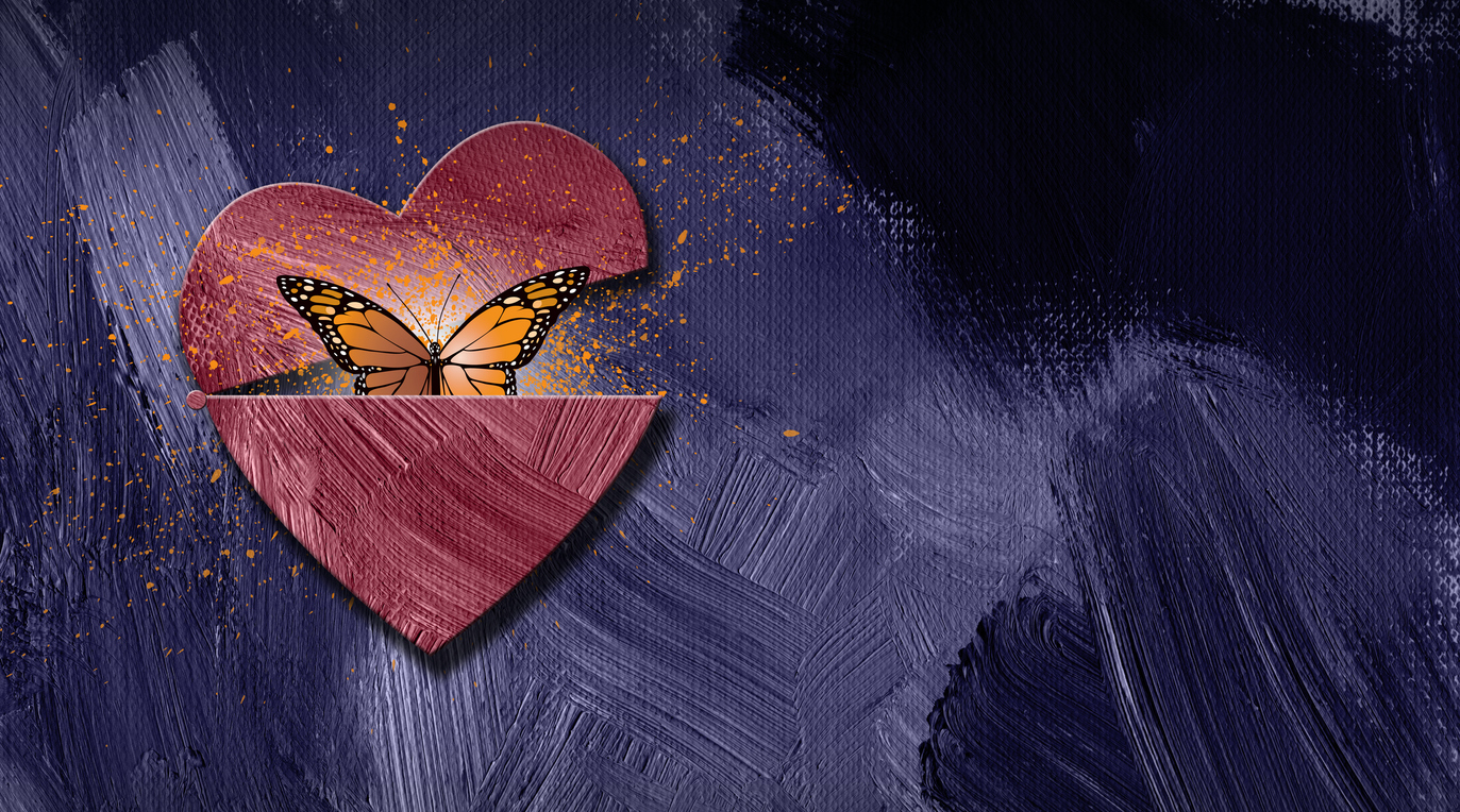 Graphic illustration of iconic butterfly releasing out of newly opening heart. Art applicable for various metaphoric concepts of changes in emotions and feelings ranging from sadness to happiness.