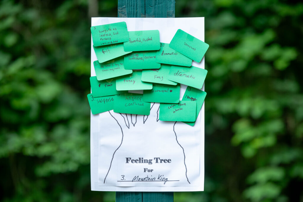 Feelings tree paper filled with green pieces of paper where kids write down their feelings and share them for Camp BraveHeart