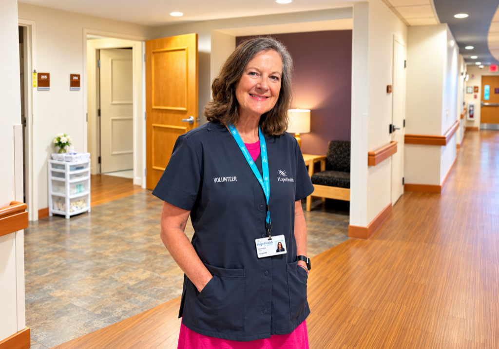 Woman in pink dress and gray volunteer smock smils while standing in front of hospice IPU rooms