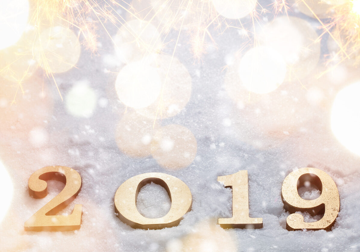 2019 golden figures on the snow with sparks,New year celebrate.