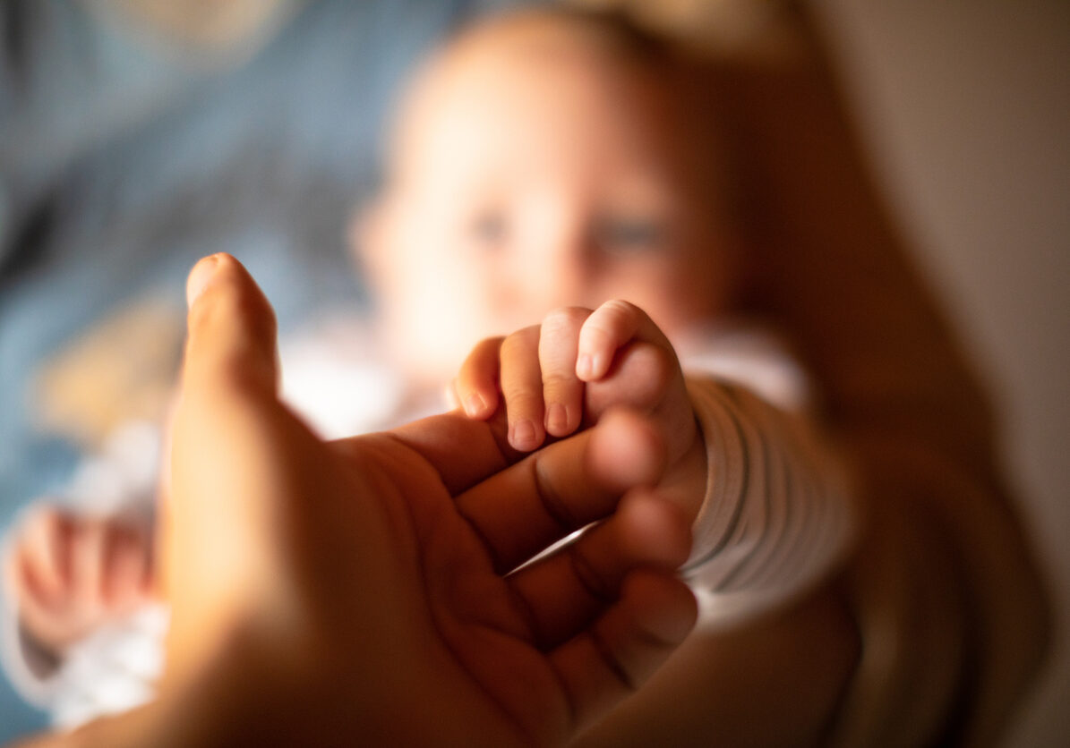 Hand holding newborn baby's hand