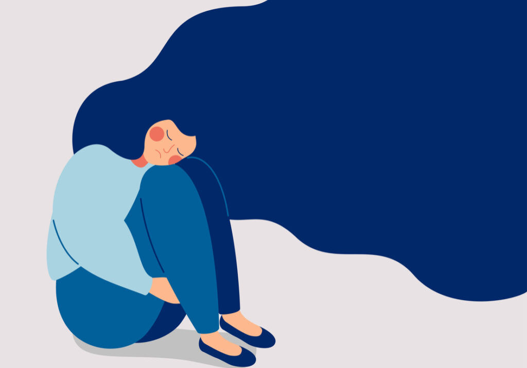 Sad lonely Woman in depression with flying hair. Young unhappy girl sitting and hugging her knees. Depressed teenager. Colorful vector illustration in flat cartoon style