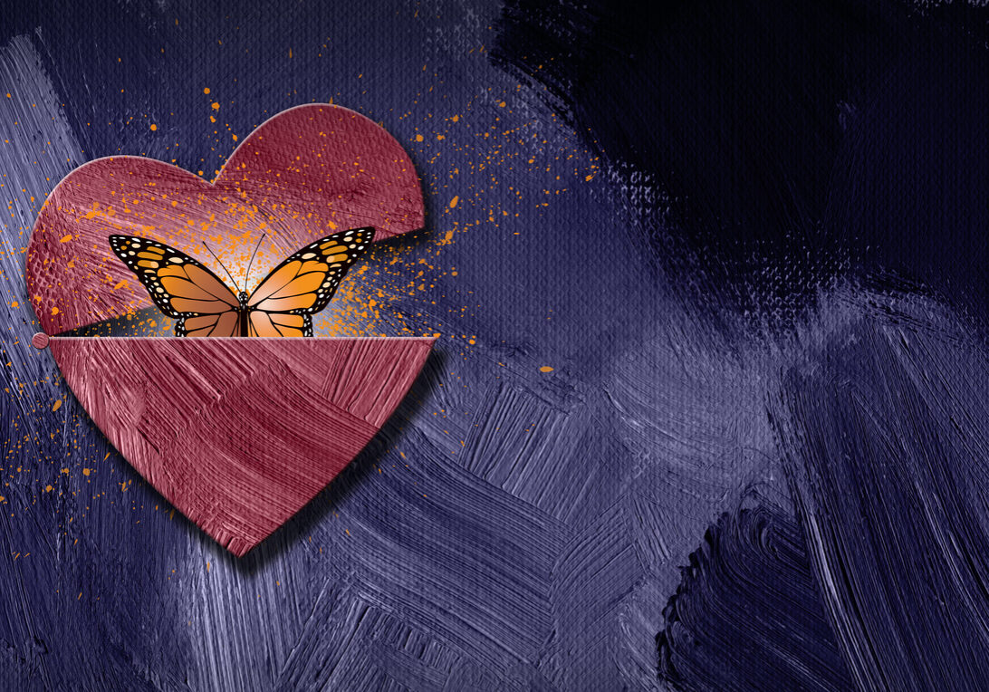 Graphic illustration of iconic butterfly releasing out of newly opening heart. Art applicable for various metaphoric concepts of changes in emotions and feelings ranging from sadness to happiness.