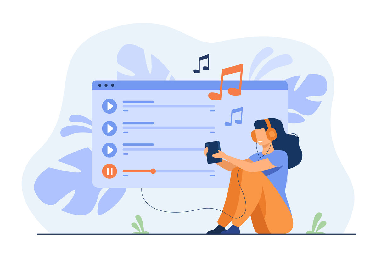 Happy girl wearing headphones, enjoying playlist, listening to music on mobile phone, singing songs. Vector illustration for entertainment, audio app, multimedia concepts