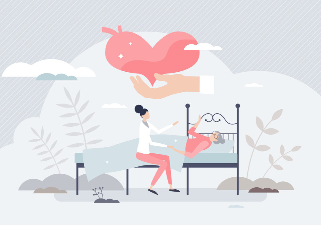 Palliative care as senior medical help or support tiny person concept. Healthcare for disabled elder people with near death or bedrest situation vector illustration. Medical, mental assistance