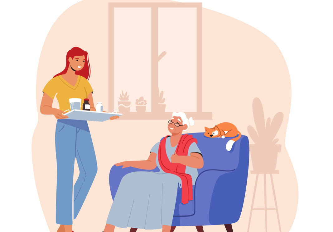 Elderly Caregiving Concept. Young Female Character Bringing Medicine to Old Woman. Help to Seniors during Pandemic Isolation, Support, Help and Assistance to Aged People. Cartoon Vector Illustration