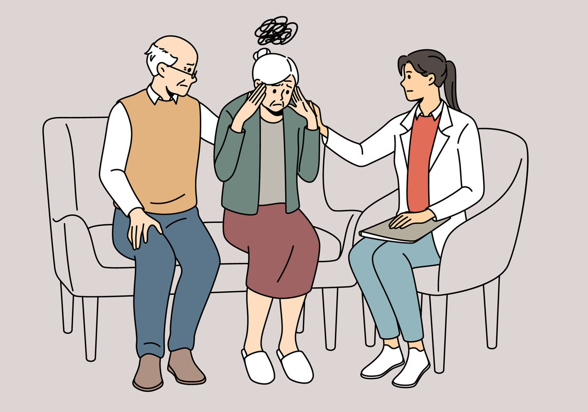 Female doctor helping elderly woman suffering from memory loss. Therapist talk with mature grandmother struggling with Alzheimer disease or dementia. Vector illustration.