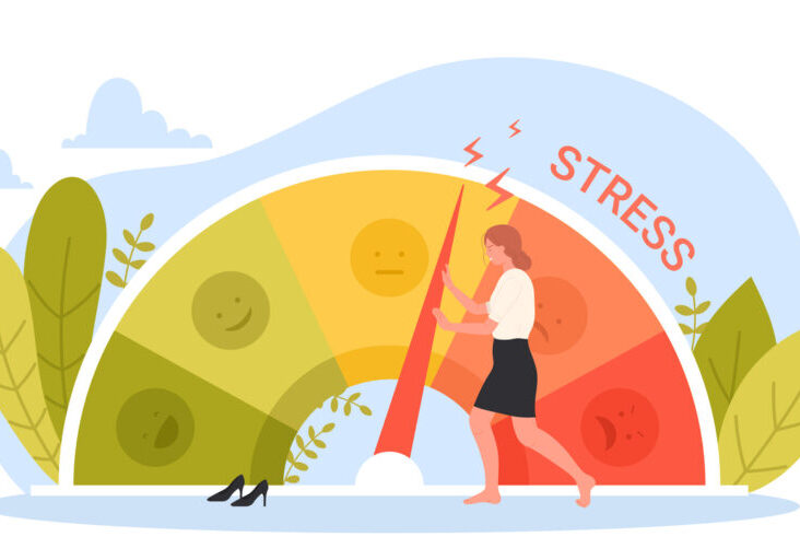 Stress level, mood and emotions scale vector illustration. Cartoon tiny businesswoman pushing with effort arrow on dashboard dial of gauge to reduce pressure and manage tension, depression reduction