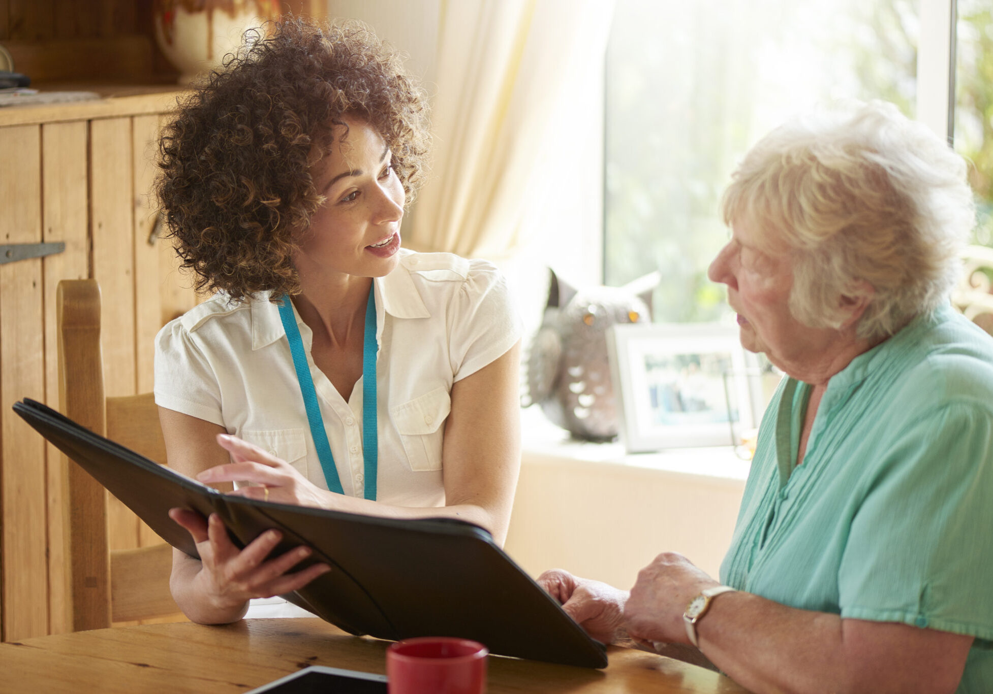 a care worker or medical professional or housing officer makes a house call to a senior client at her home . She is discussing the senior woman’s options on her digital tablet.